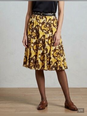Rafael Essential Full Midi Skirt XL Crinkle Floral Summer Elastic Waist yellow